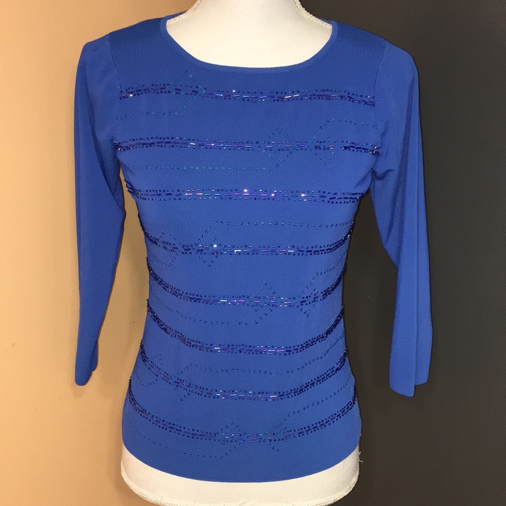 Sweaterworks Blue Knit 3/4 Sleeve Top w/ beading